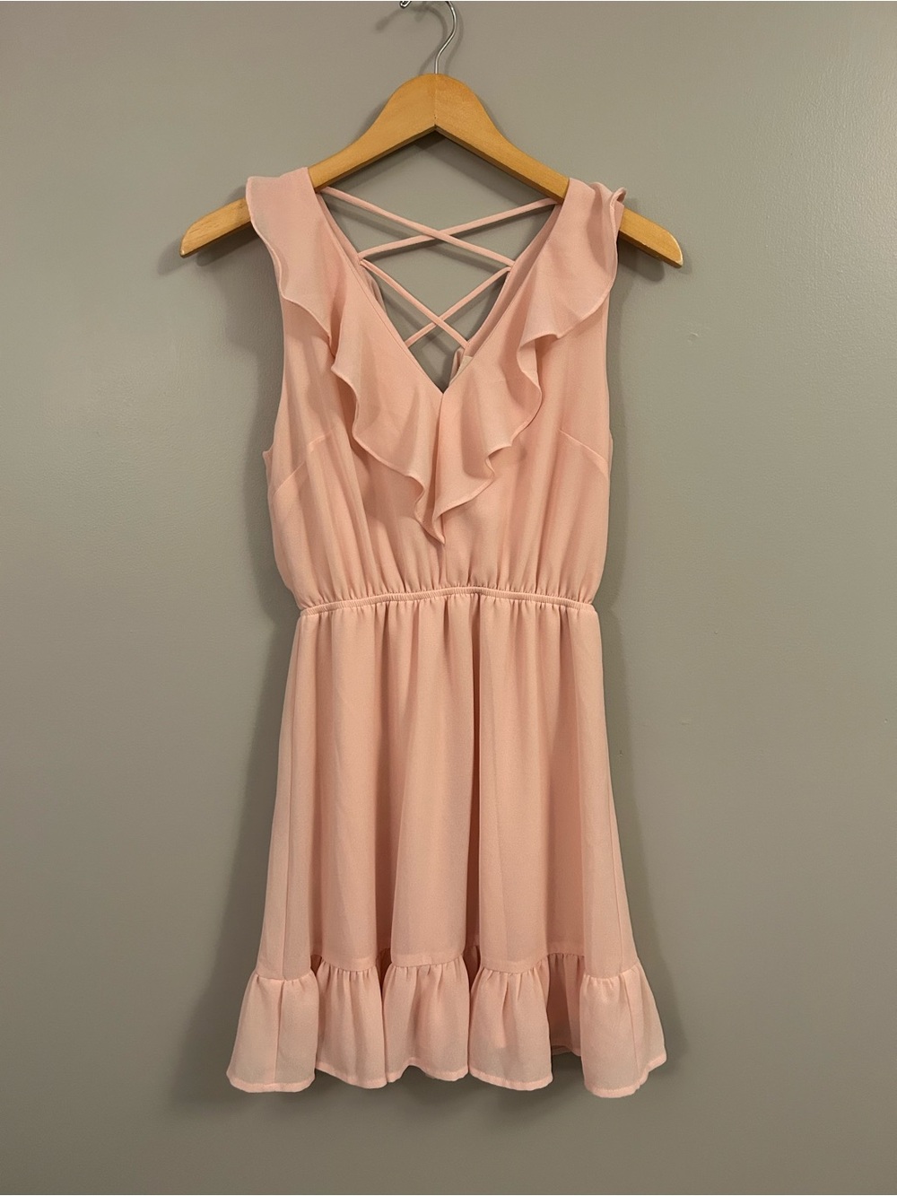 Monteau Blush Pink Ruffle V-Neck Mini Dress with Crisscross Back Small